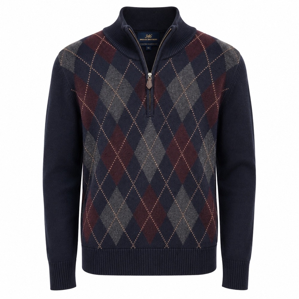 Brooks Brothers 346 Argyle Merino Wool Quarter Zip Sweater Mens XL Preppy